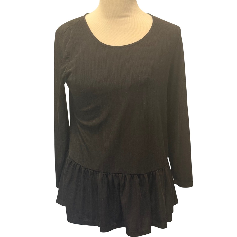 Apt 9 Black Ruffle Peplum Top Long Sleeve Ribbed Casual‎ Blouse Womens
